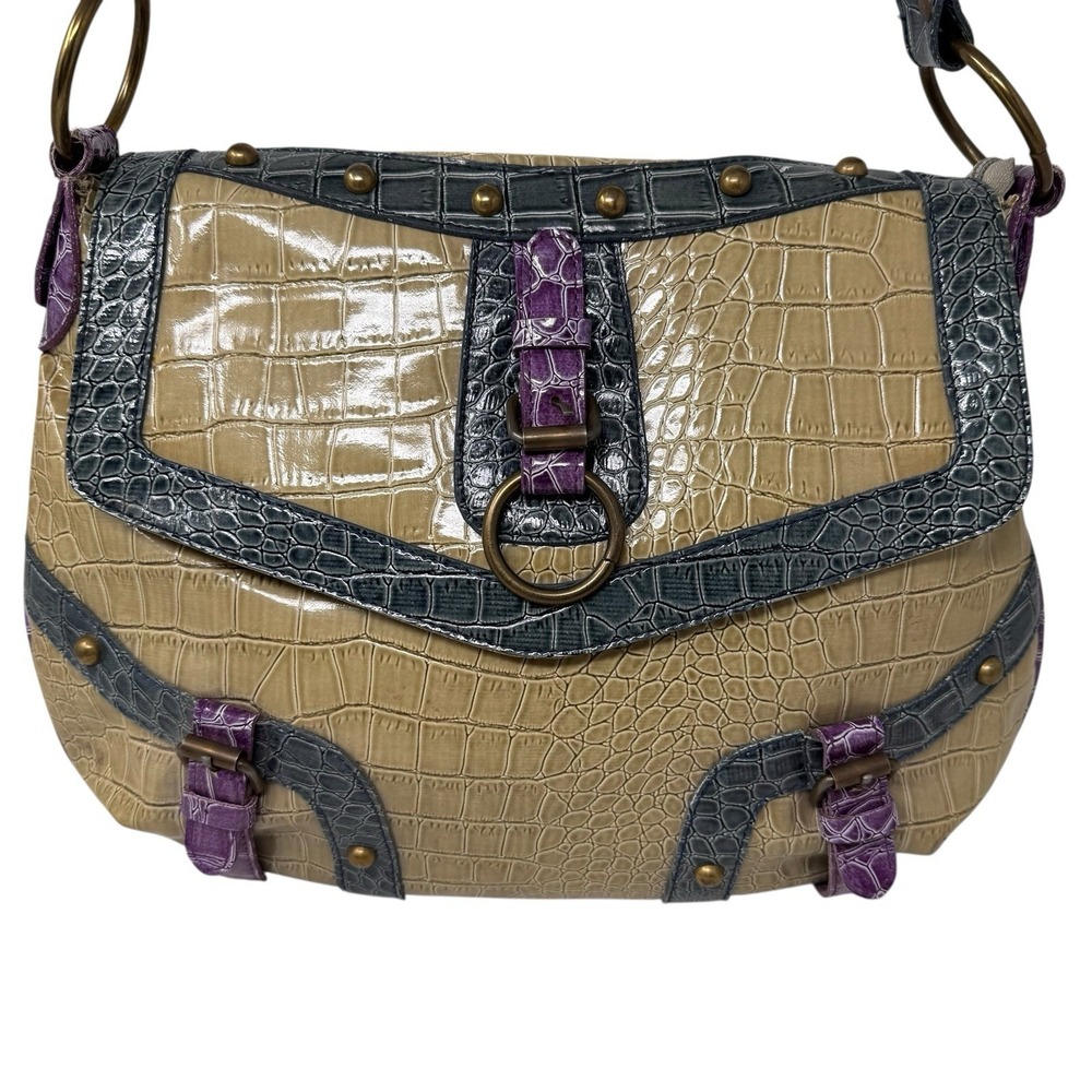 Handbag Green And Purple Faux Crocodile Pattern Shoulder Bag Snap Close - Picture 2 of 11